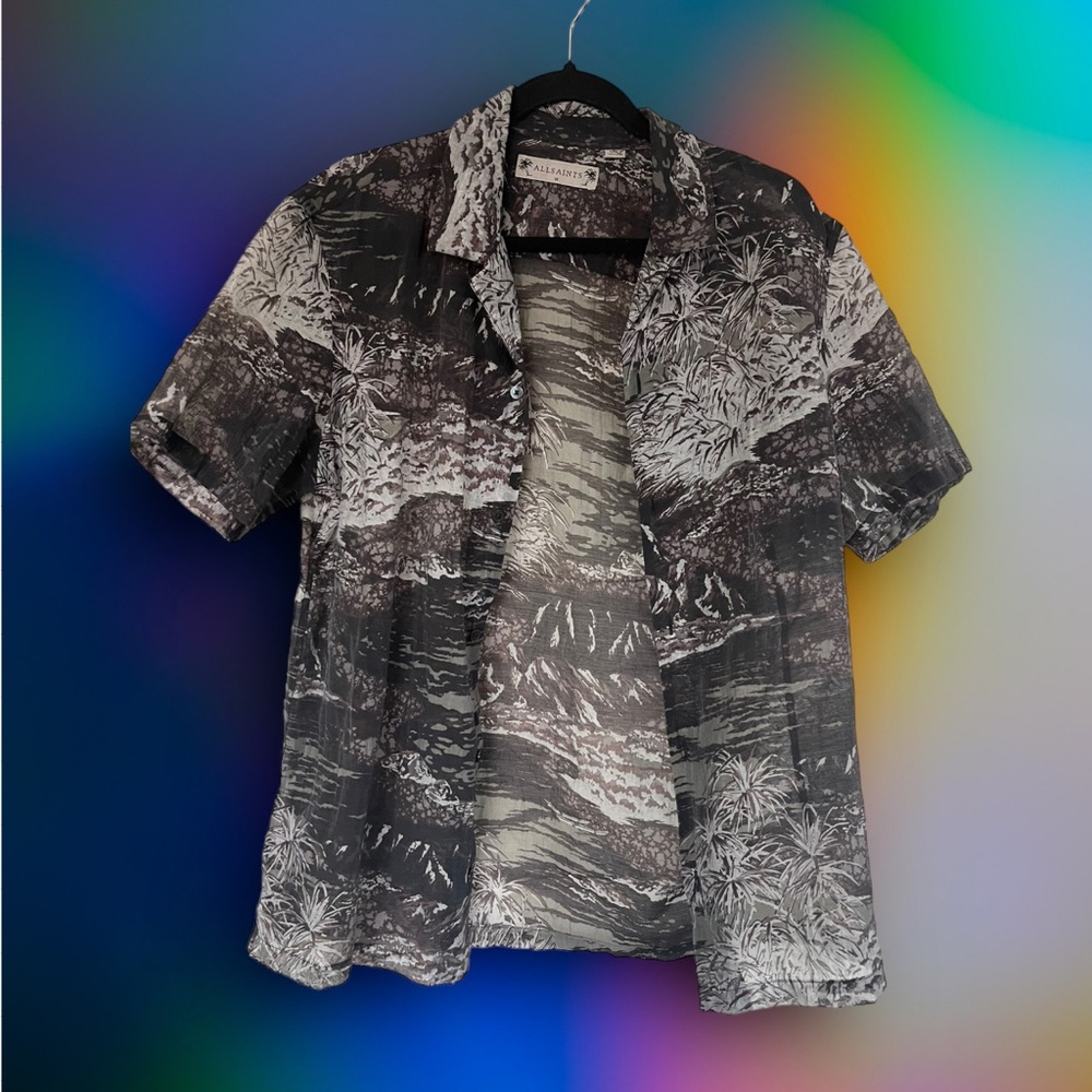 Allsaints semi-sheer button up -grey + black + white